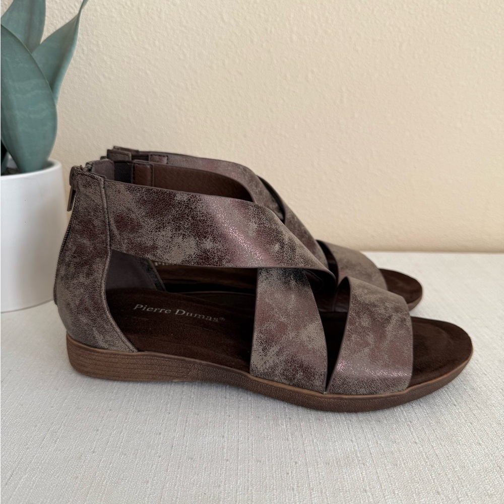 New Pierre Dumas Metallic Brown Metallic Crisscross Wedge Sandals